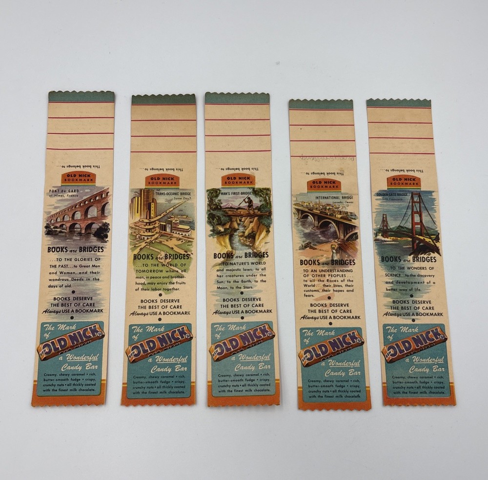 (5) 1946 Old Nick Books are Bridges Bookmark Advertisement Schutter Candy Bar