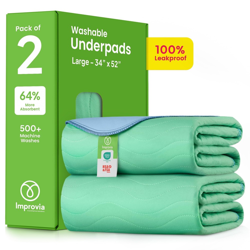 2 Pack IMPROVIA Washable Underpads, 34" x 52" - Heavy Absorbency Reusable