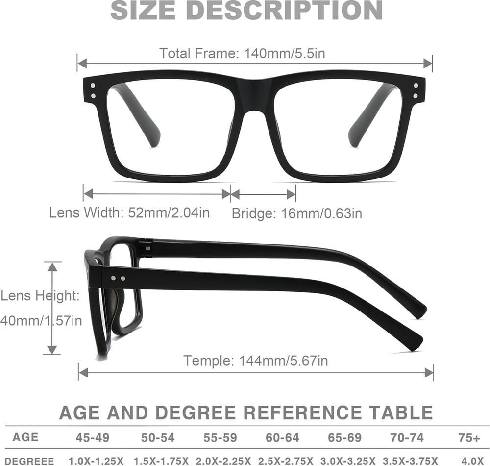 Oversized Reading Glasses for Men - 4 Pack Classic Square Large TR Frame Readers