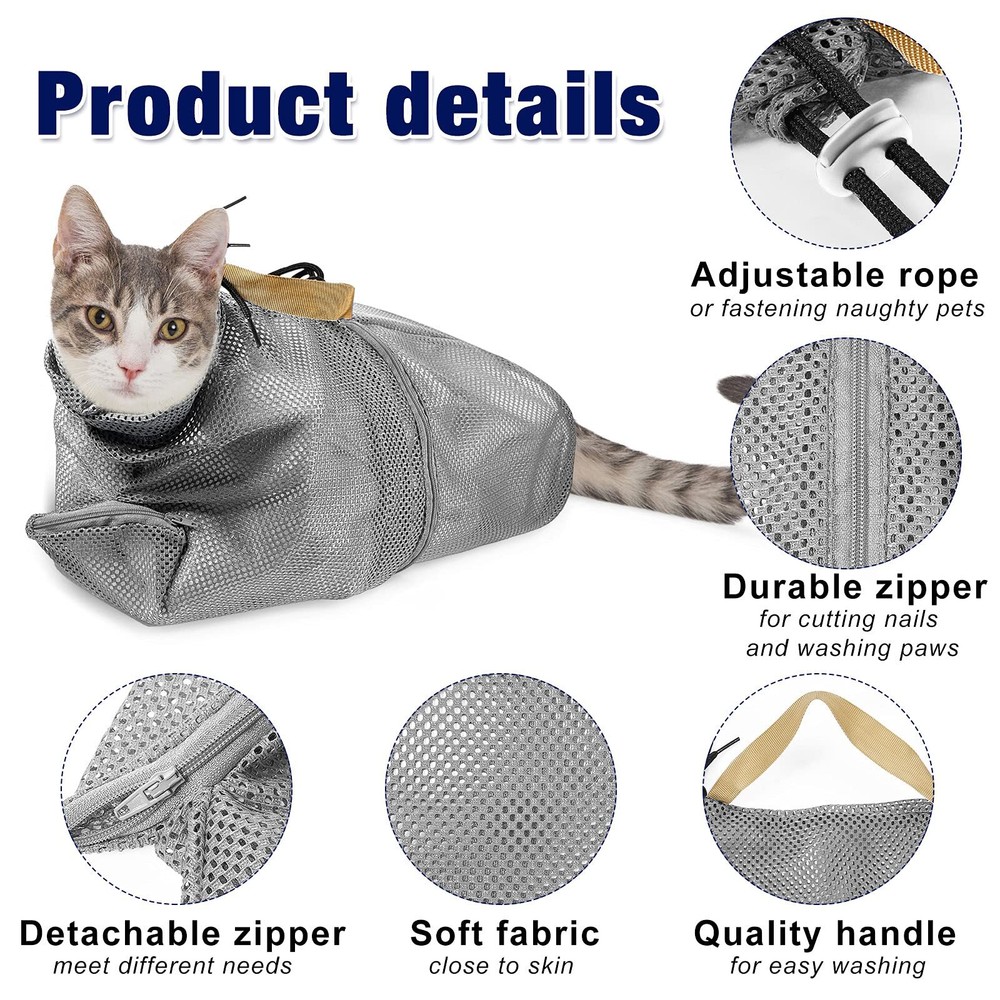 2 PCS Gray Cat Grooming Bag with Breathable Mesh Muzzle Restraint for Bathing