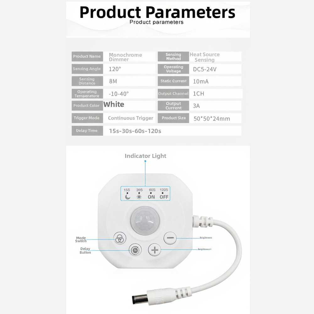 Monochrome LED Dimming Controller with PIR Motion Detection ABS Housing