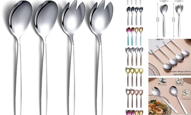 4-Piece Salad Server Set, Stainless Steel Serving Set, Spoon, 1. Silver