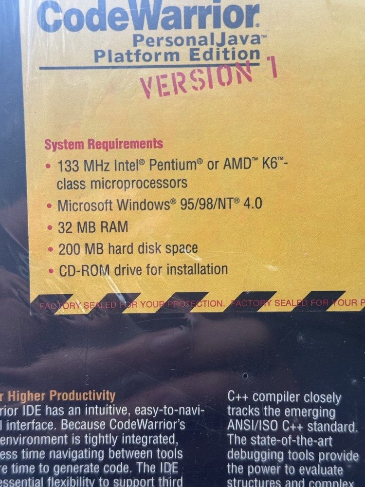 CODE WARRIOR PERSONAL JAVA PLATFORM ED-V 1 WINDOWS 95/98/NT-4.0 SOFTWARE-SEALED