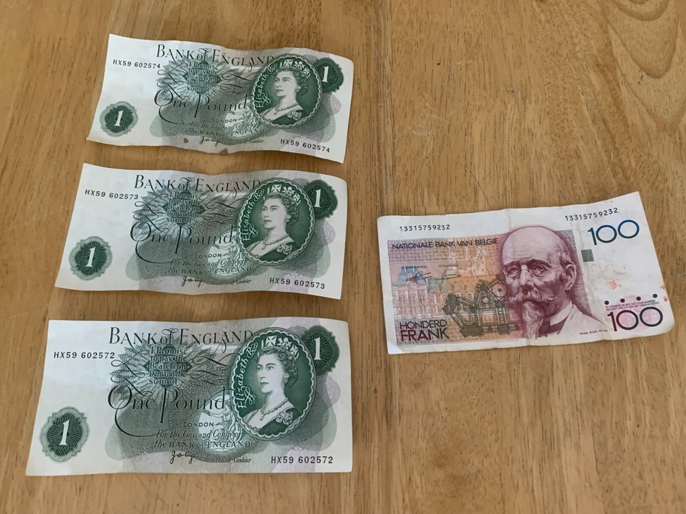 Vintage 3 X Pound Notes and 100Cent Francs Belgique Note