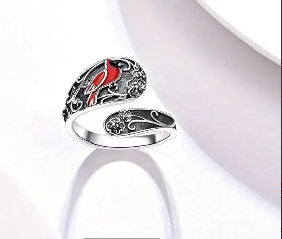 Red cardinal Sterling silver spoon ring
