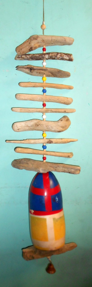 assorted driftwood mobile with buoy float bell handmade size 48"