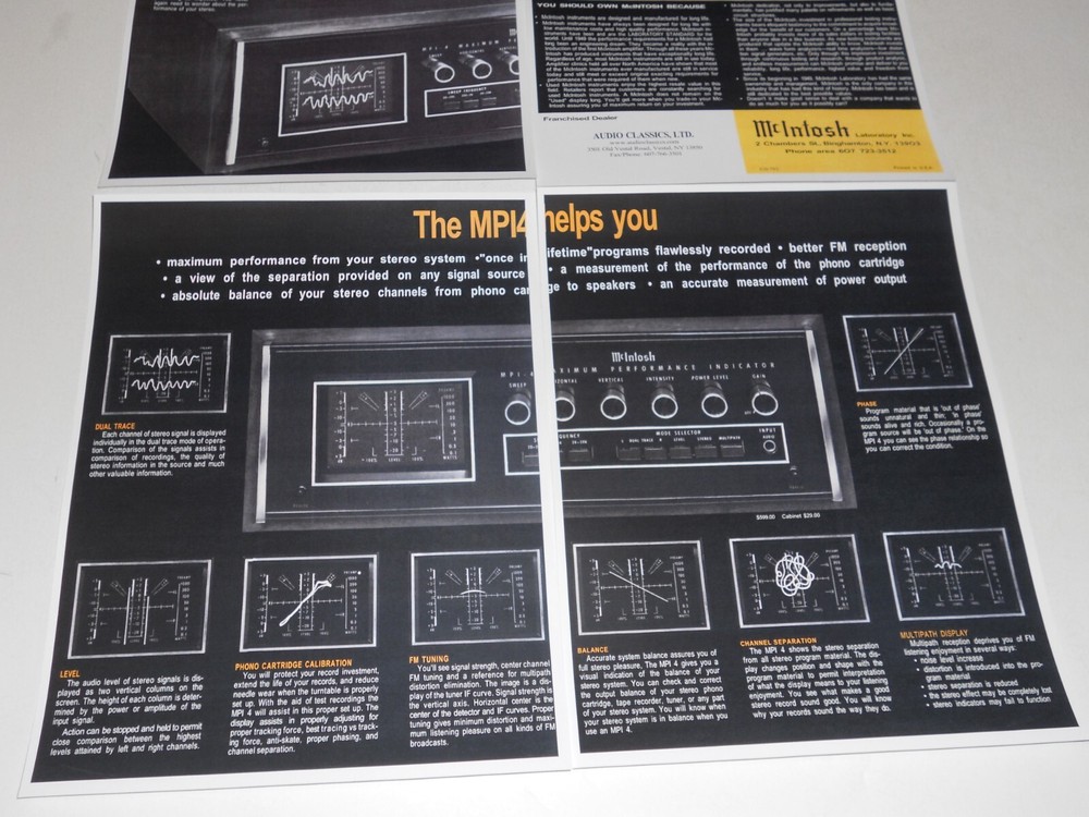McIntosh MPI 4 Scope Maximizer Brochure, 4 pg Specs+Articles+Info 1973
