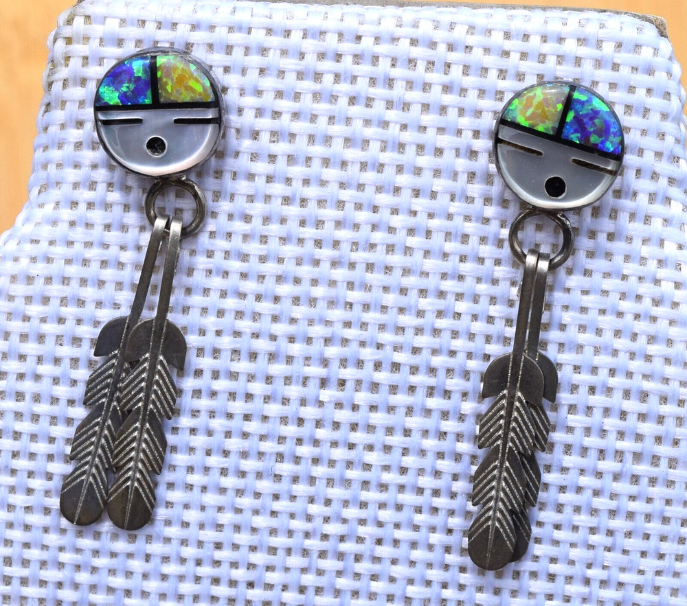 Native American Multi Stone Mosaic Earrings Feather Dangle Stamped Sterling
