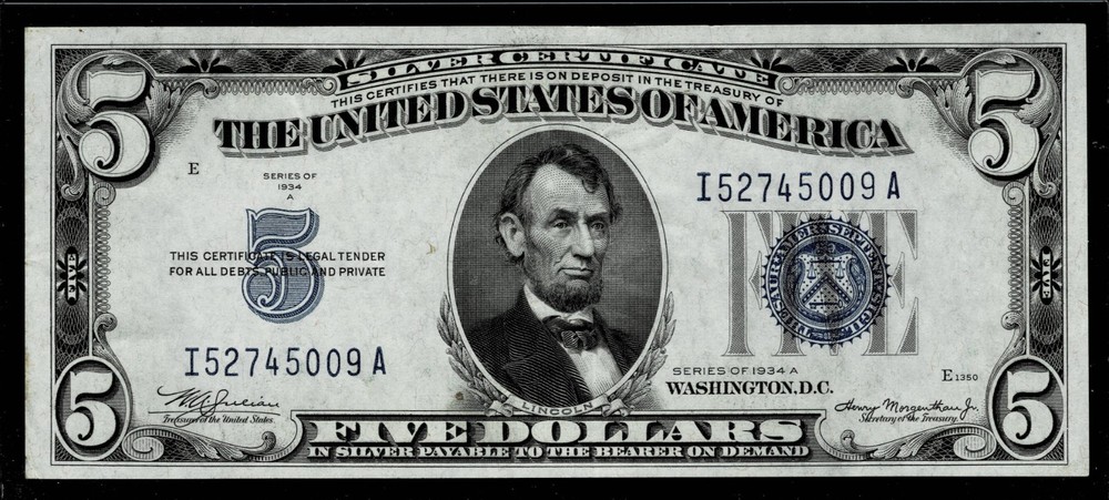 1934-A $5 SILVER CERTIFICATE NOTE~ALMOST UNCIRCULATED