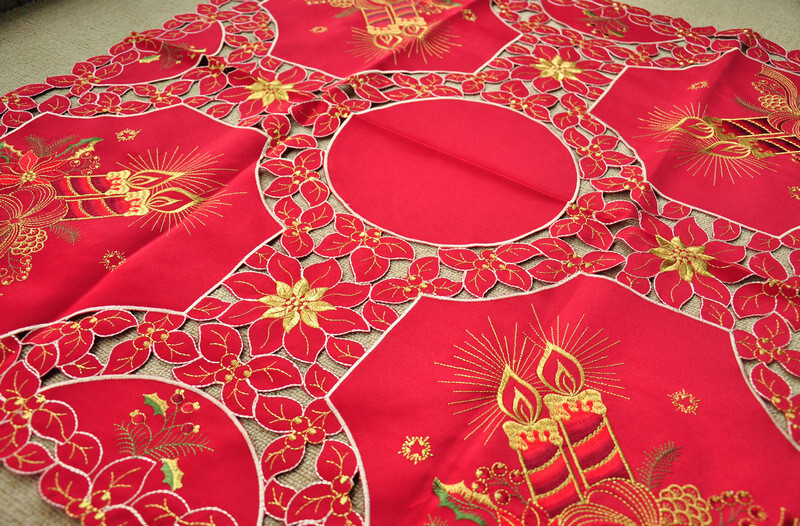 Gorgerous Red Embroidered Polyester Square Tablecloth Xmas 33" Cutwork Candles