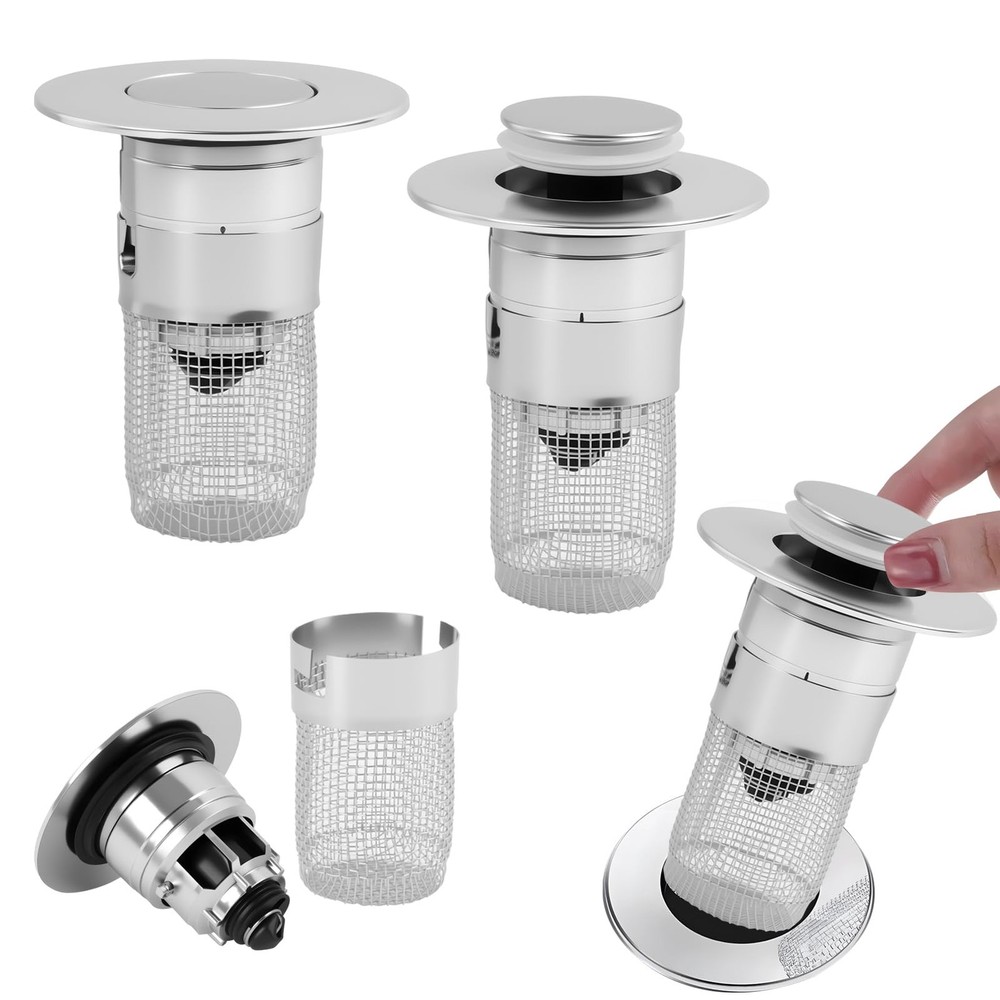 3 PCS Bathroom Sink Drain Strainer, Pop-Up Stopper Silver-3PCS