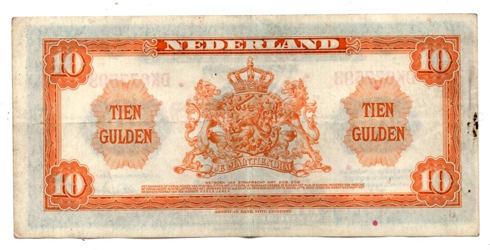 1943 Netherlands Muntbiljet 10 Gulden Note Pick-66 VF