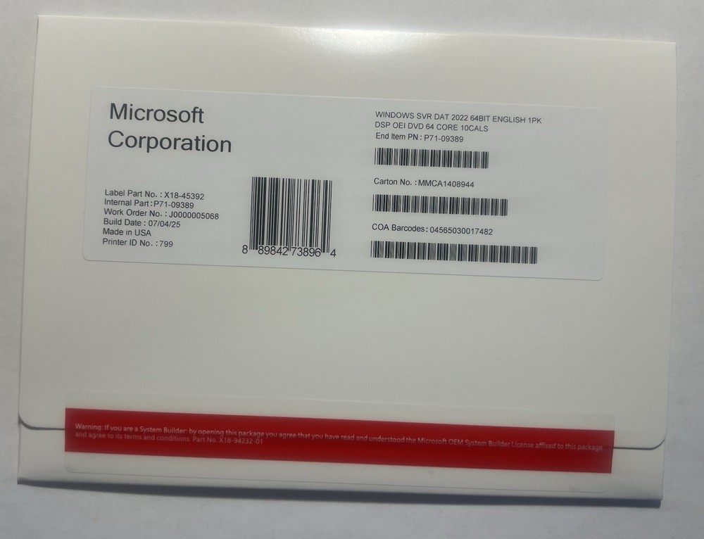 Microsoft Windows server 2022 Datacenter 64Bit 64 Core 10 CALs  DVD & KEY sealed