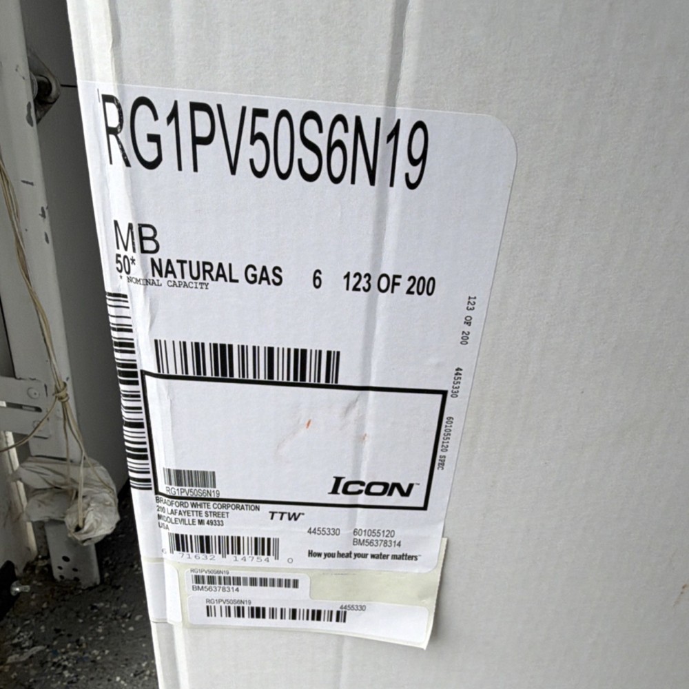 Bradford White Gas Hydrojet Water Heater RG1PV50S6N19 50 gal Indoor