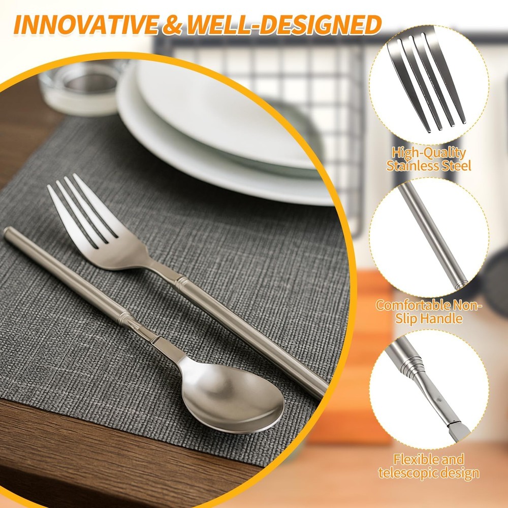 2 Pcs Extendable Fork and Spoon Set Stainless Steel Telescopic Tableware
