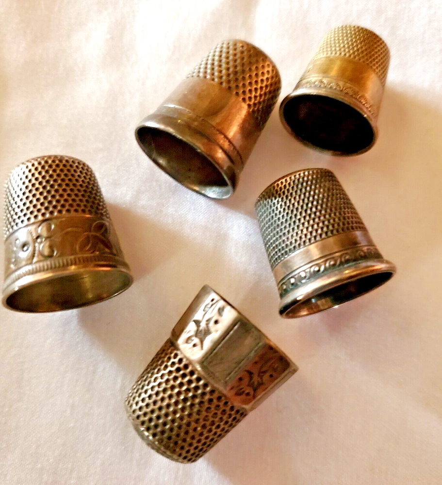 Sewing Memorabilia 5 Antique Sterling Silver Thimbles Assorted Makers