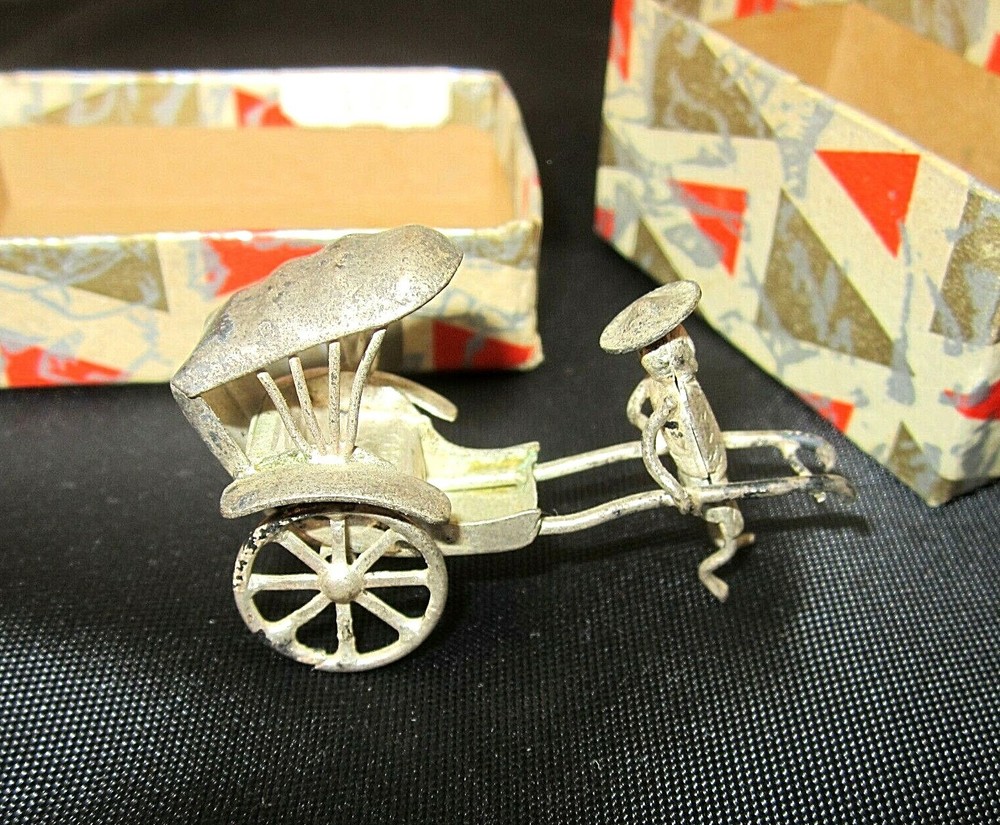 Antique Silver Plated Small Oriental Man Pulls Cart Wheels Move Rickshaw