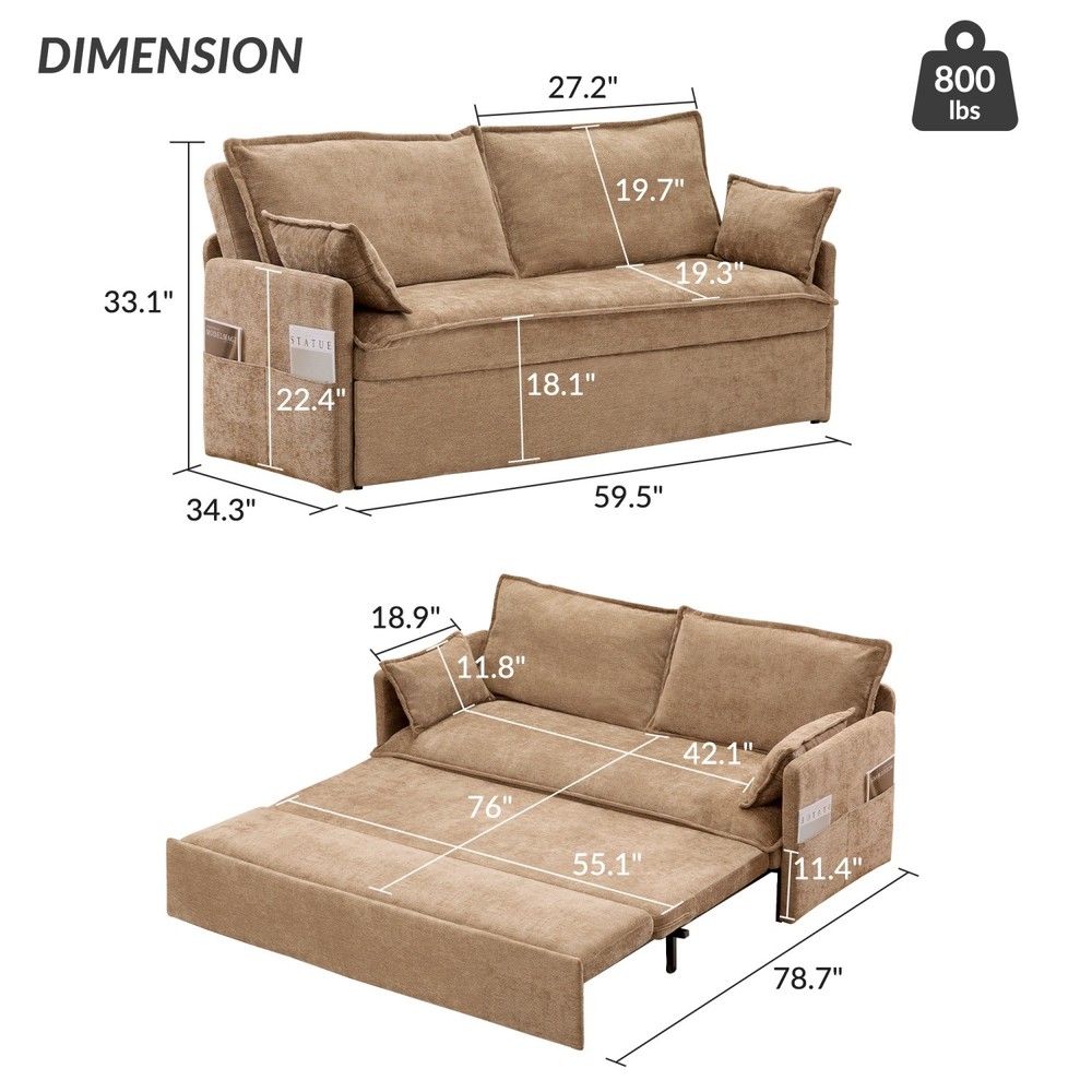 Modern Convertible Sleeper Sofa Bed Loveseat Sofa with Pull Out Bed & USB Ports