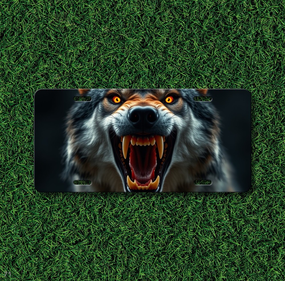 Hyperrealistic Wolf License Plate Fierce Expression Optional Text Front Plate Bi