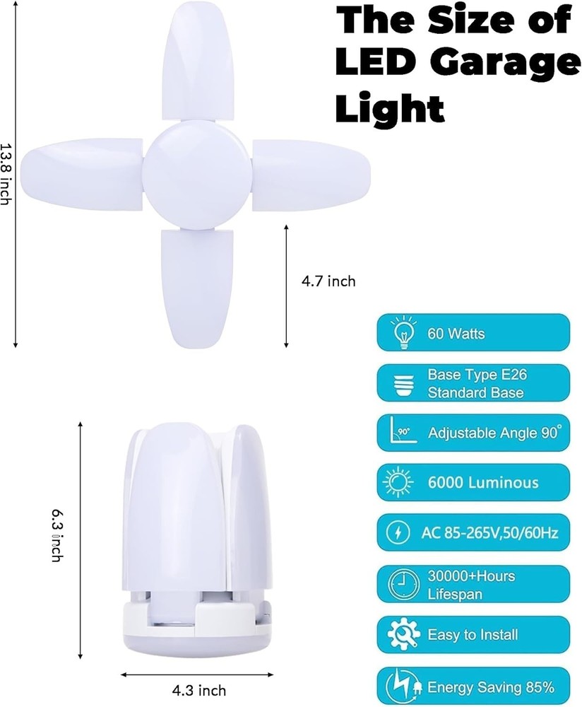 4 Pack LED Garage Lights, 6000LM 60W Deformable Shop Light W/ 4 Adjustable Panel