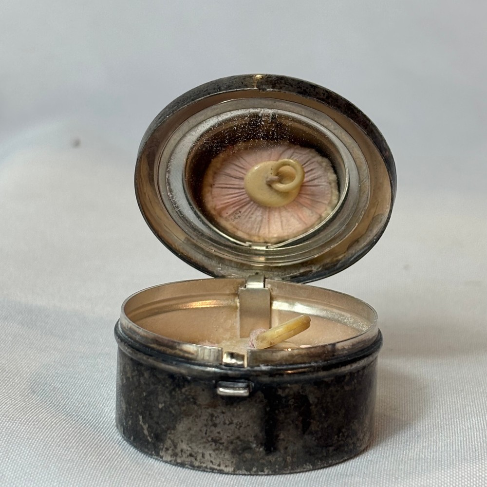 Antique Silverplate Compact Hammered Finish Round Mirrored Powder Box German
