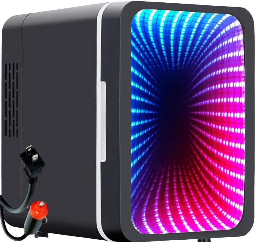 Mini Fridge, 6 Cans Small Refrigerator with Dimmable LED Light & Mirror Door, Po