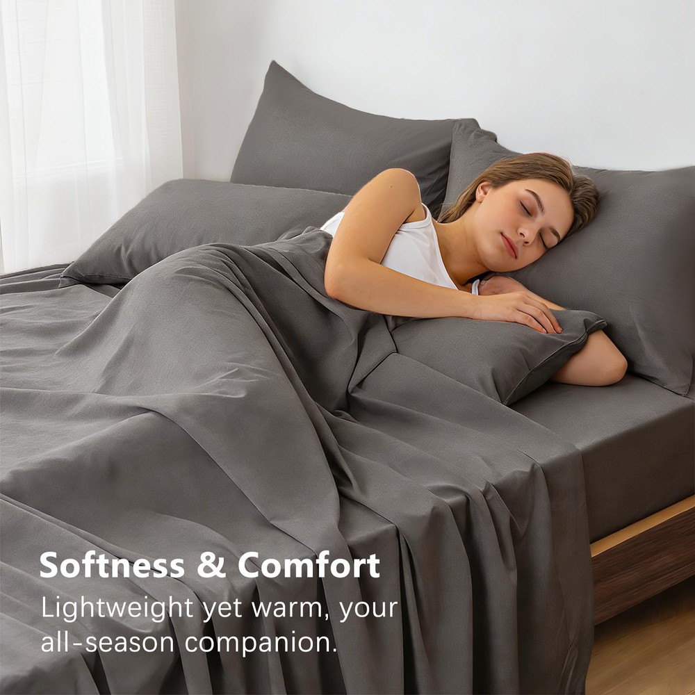 USXIBEI Queen Sheet Set - 6 Piece Sheets Size Bed Queen, Dark Grey