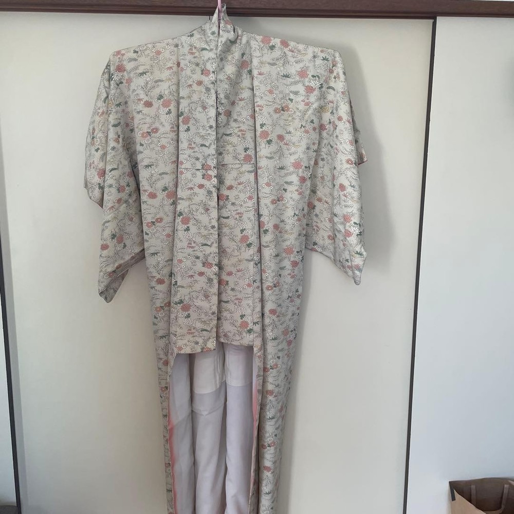 Kimono with Floral Pattern Long Lightweight Gray Size丈155cm