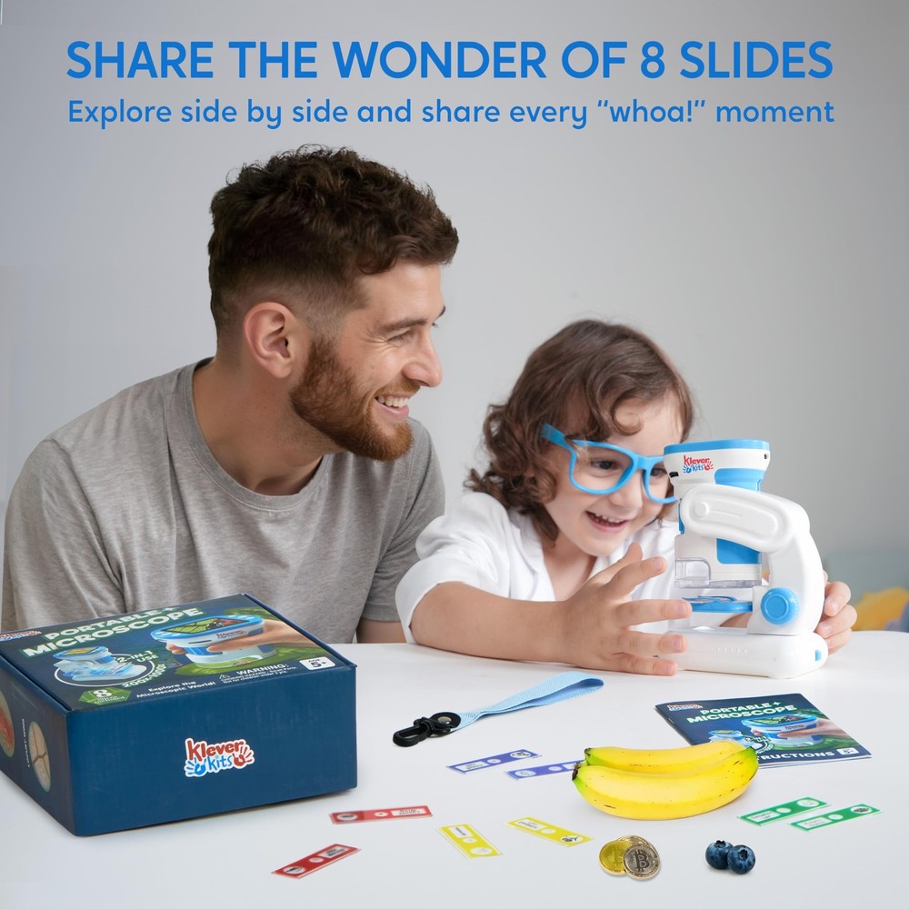 Klever Kits 2 in 1 Handheld Microscope for Kids, Compact, Blue and White