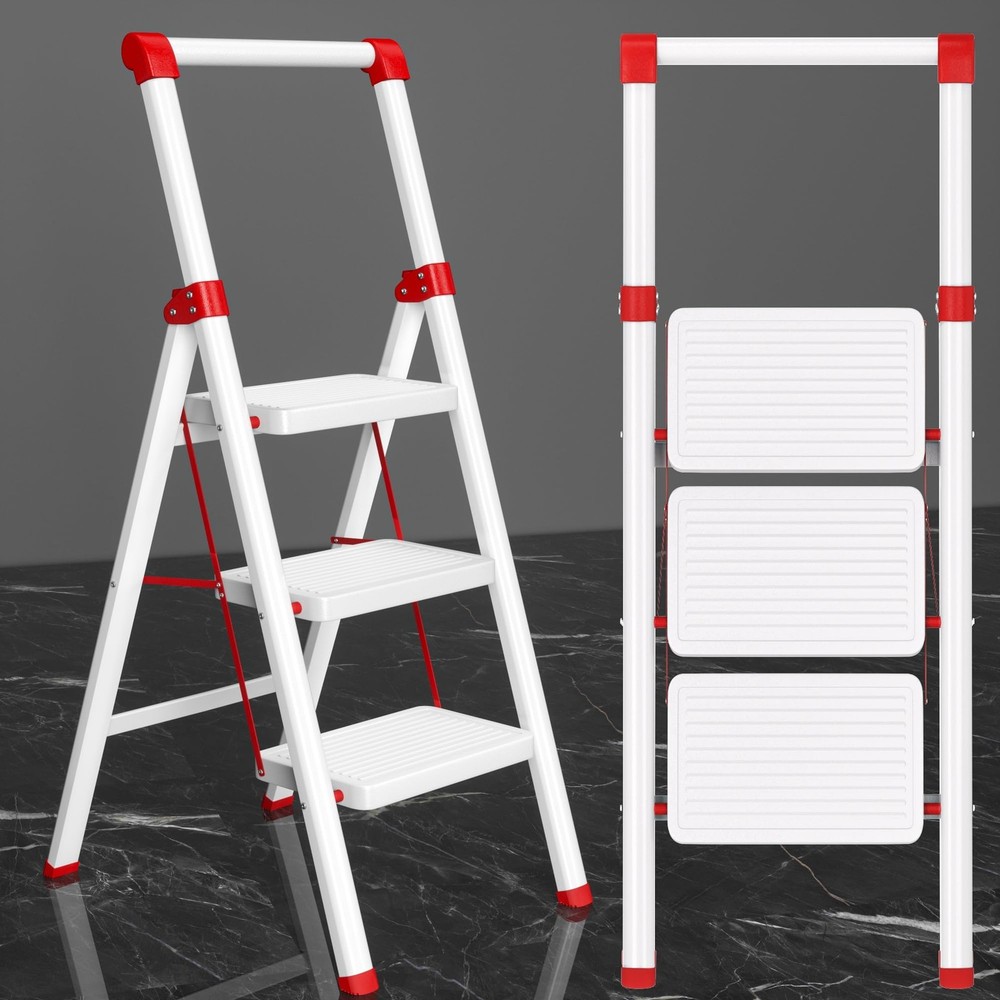 DIAMONDFORGE 3 Step Ladder with Handle, Foldable 3 Step, Ivory White