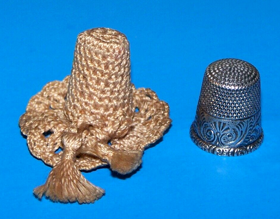 Vintage Sterling Silver #12 Monogram / Engraved Thimble & Crochet Thimble Holder