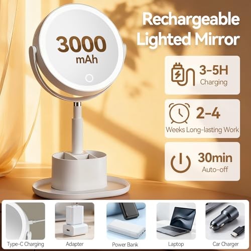 Makeup Mirror with Lights, 1X/20X Lighted Makeup Mirror with Storage for White