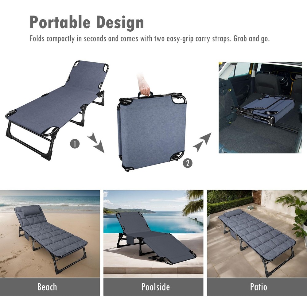 Folding Camping Cot with Padded Mattress and Pillow, Adjustable Reclining Bed