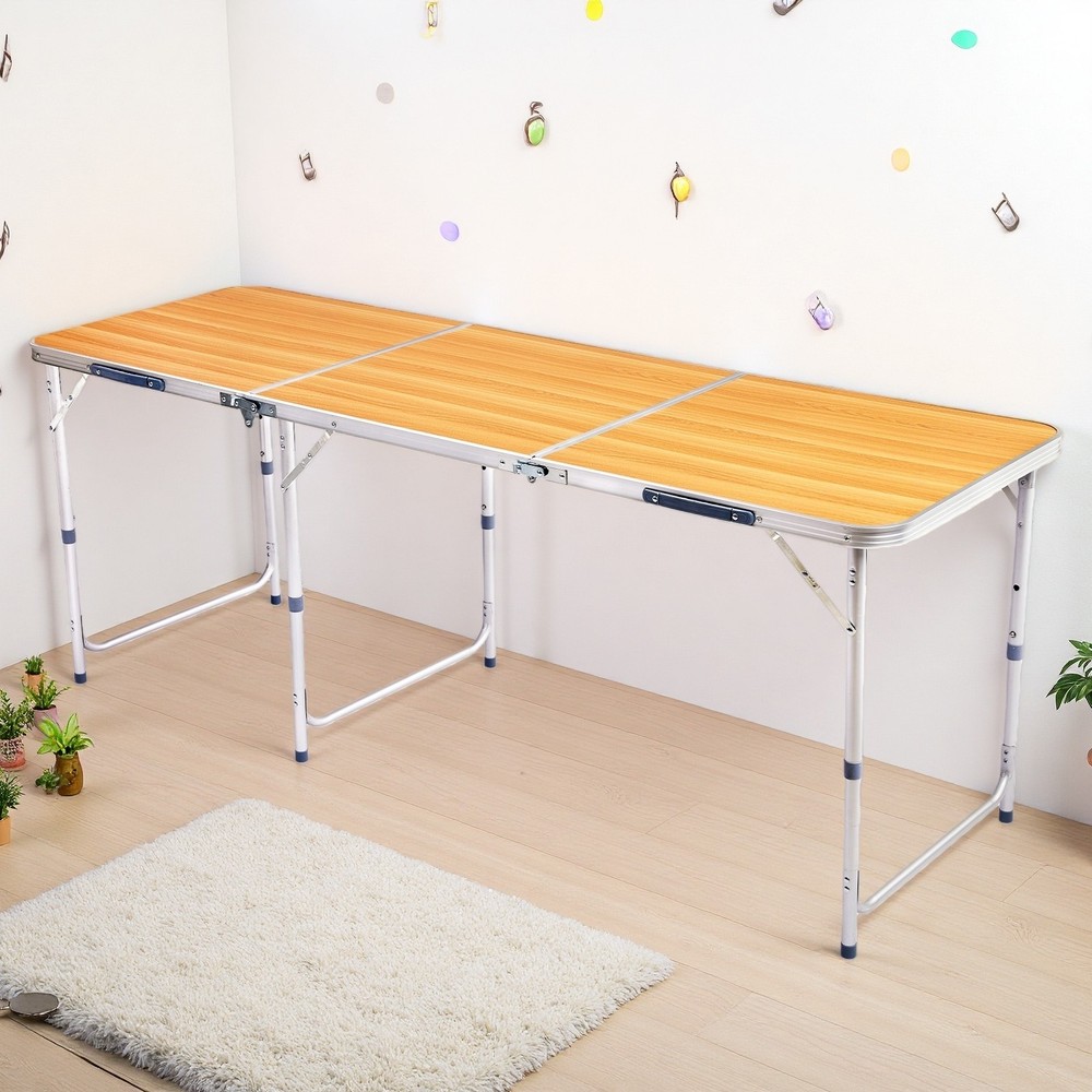 Folding Camping Table 6ft - Adjustable Height, Aluminum & Wood Grain Patio Table