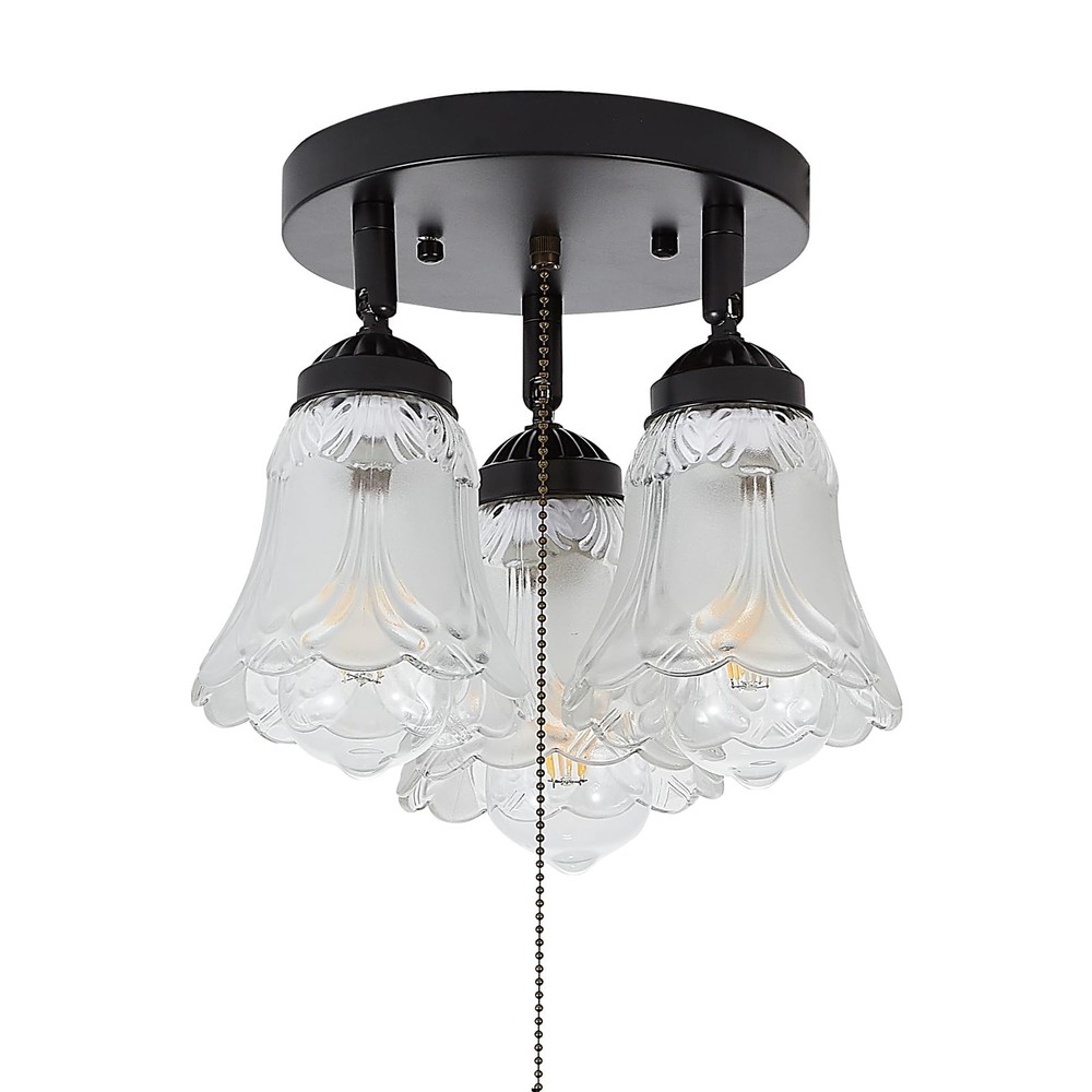 3-Light Flush Mount Ceiling Light with Pull Chain Clear and Frosted Glass Low...