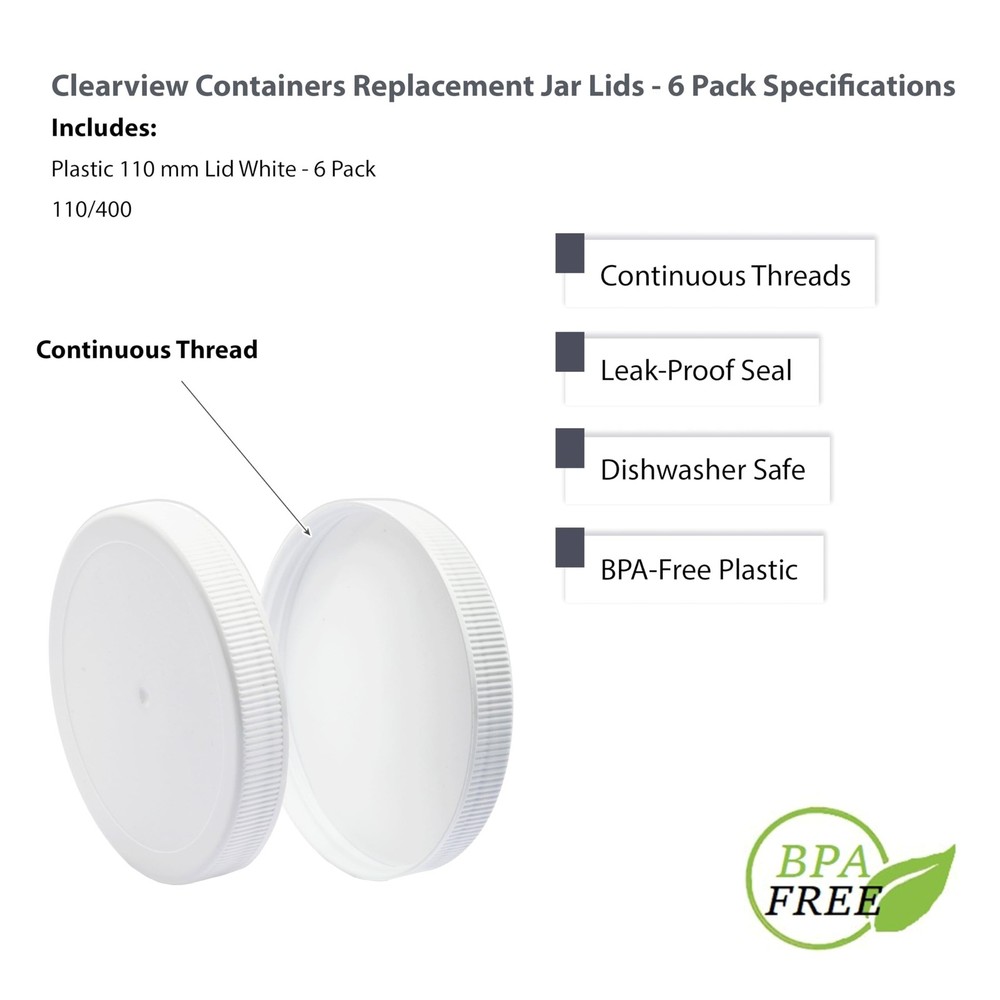 110mm White Plastic 6 Pack Replacement Lids with Leak Proof Liner - 110/400 P...