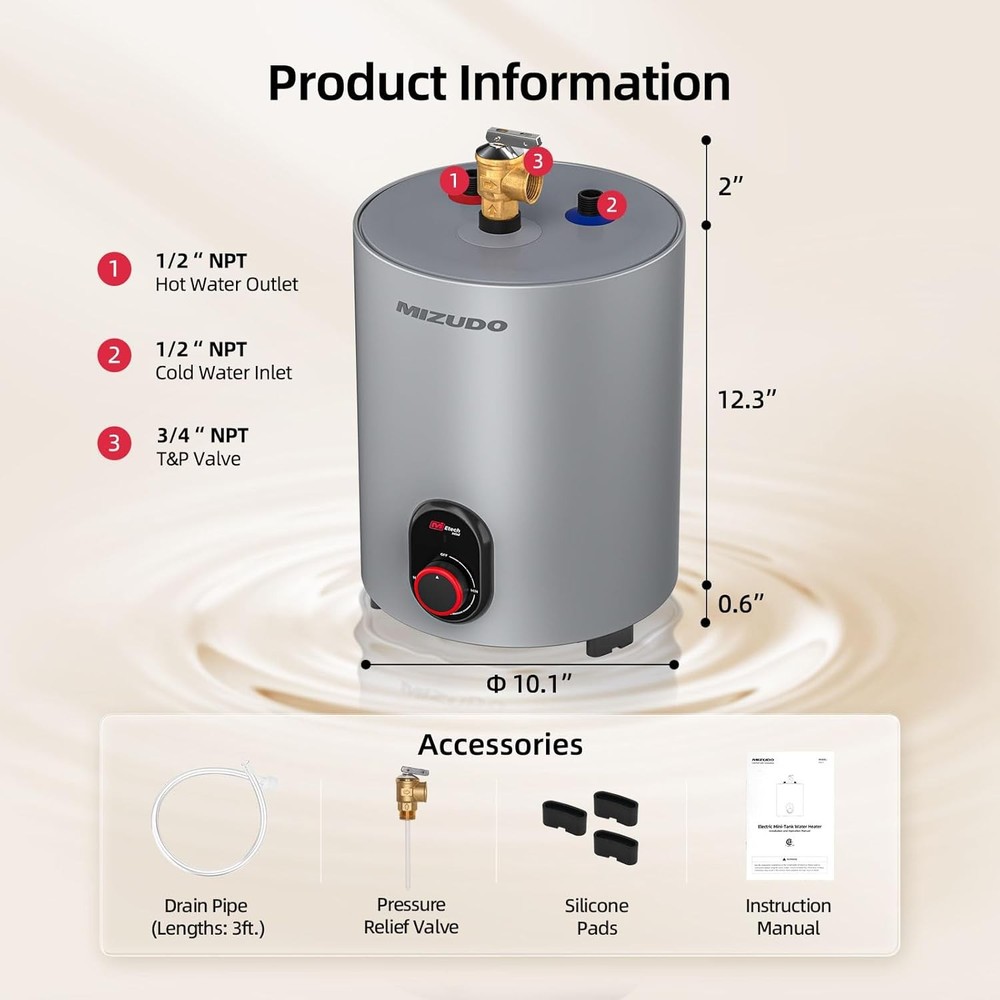 MIZUDO Electric Mini Tank Water Heater 1.5 Gallon Compact Storage Hot Water Heat