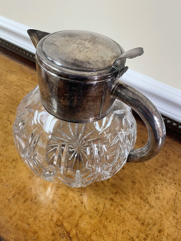Antique Cut Glass Silver Plate Pitcher 9” Tall