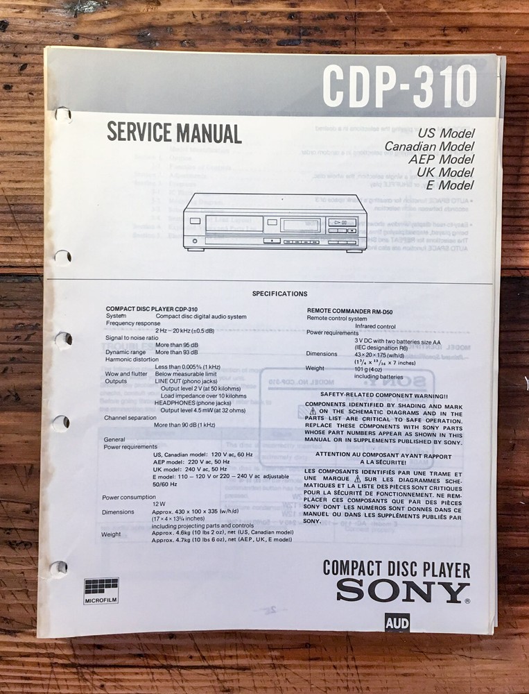 Sony CDP-310 CD Player  Service Manual *Original*