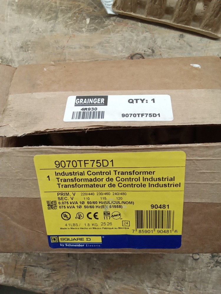 Square D 9070TF75D1 Class 9070 industrial control transformer, Type TF