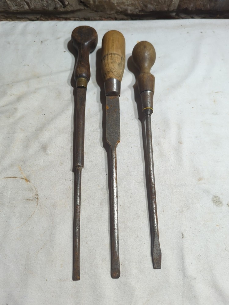 3 Vintage Large Flat Head Screwdrivers (Marples, Stanley & Other)