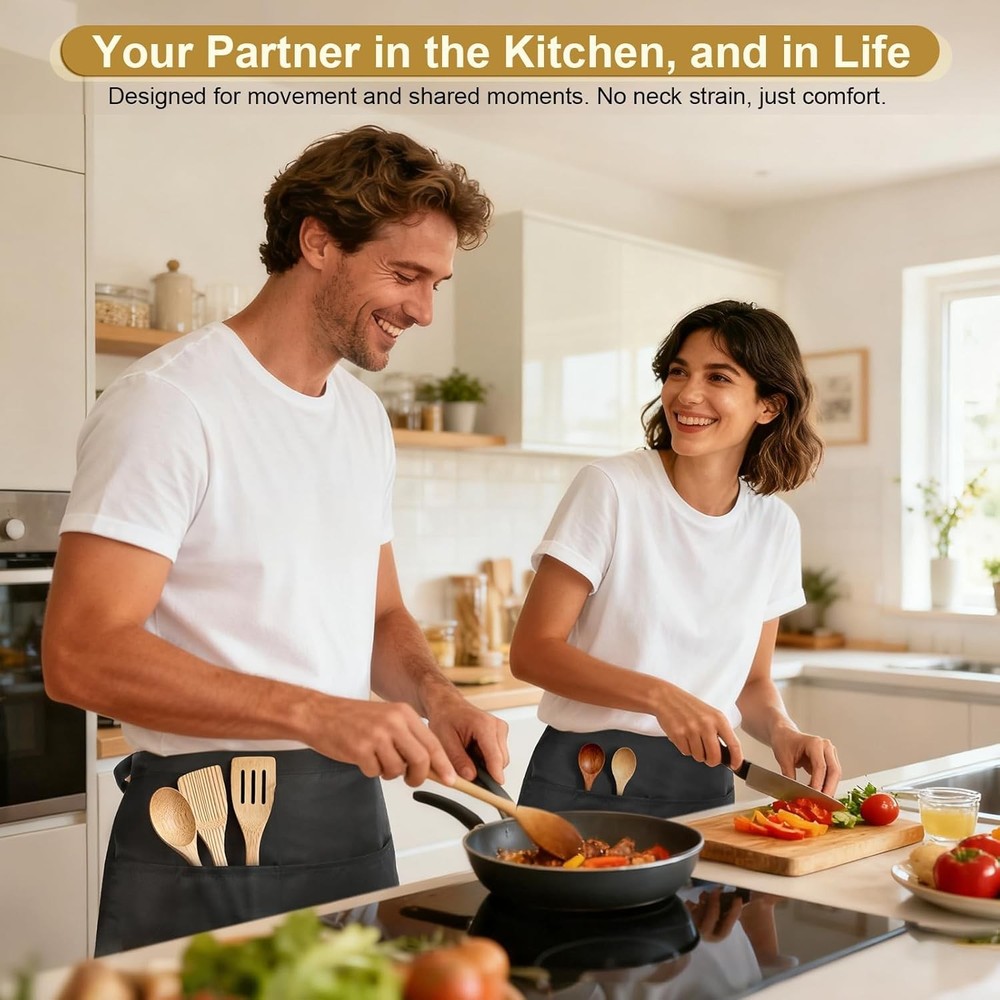 2-Pack Black Server Aprons with 3 Pockets, Adjustable Water-Resistant Waist Half