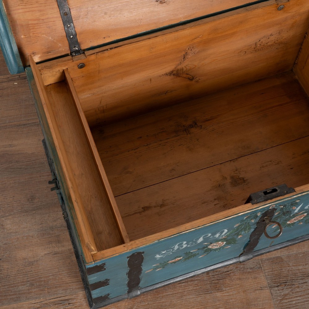 Original Blue Painted Flat Top Trunk dated 1858