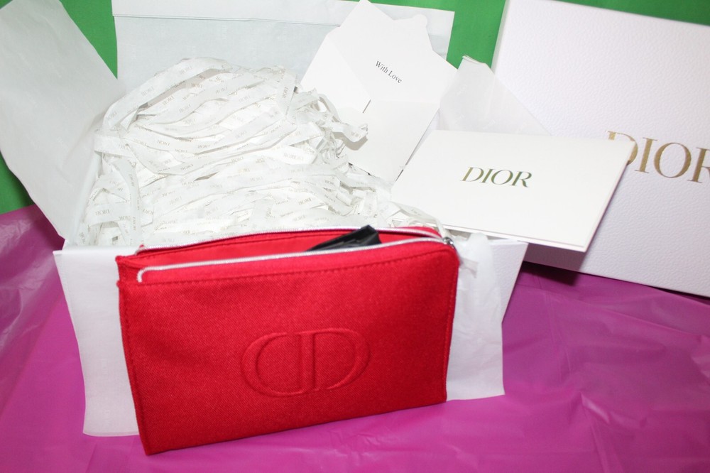 Dior Pebble White Empty Gift Box Bundle Gold Lettering Red Case, Makeup, Ribbon