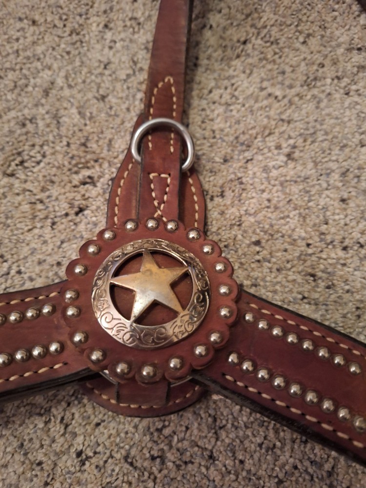 Vintage Leather Breast Collar Silver Star Concho With Studs