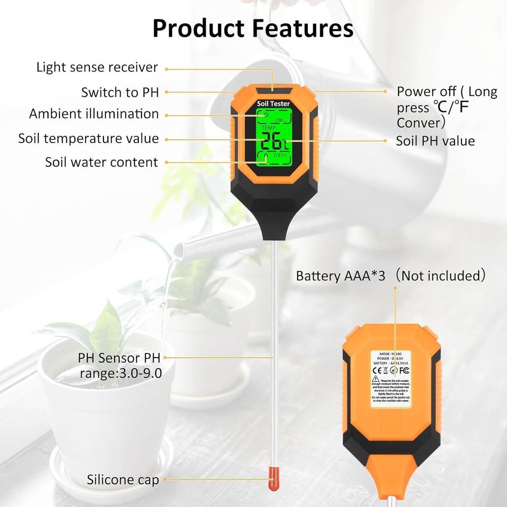 4-in-1 Digital Soil Moisture Meter with PH, Temp & Light Sensor – LCD Display