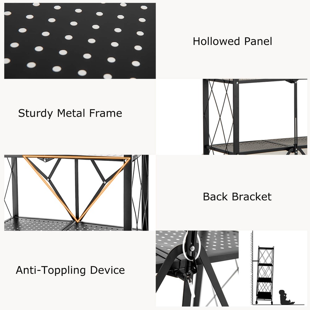 4-tier Foldable Storage Shelving Unit w/4 Universal Wheels for Kitchen Study