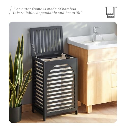 Laundry Hamper with Lid,Bamboo Large Waterproof Clothes Laundry Black