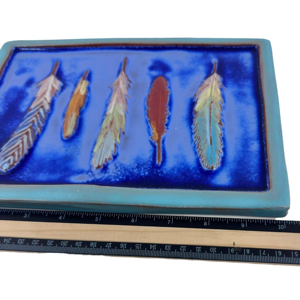 Eartha Feather Art Pottery Tile Blue 8x5.5in Backsplash Wall Kitchen Decor