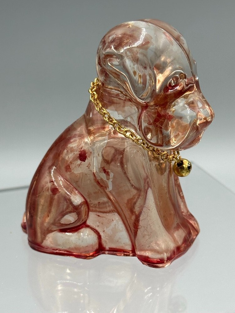 Vintage Figural DOG & Collar Glass CANDY CONTAINER Flashed Pink A&E 183